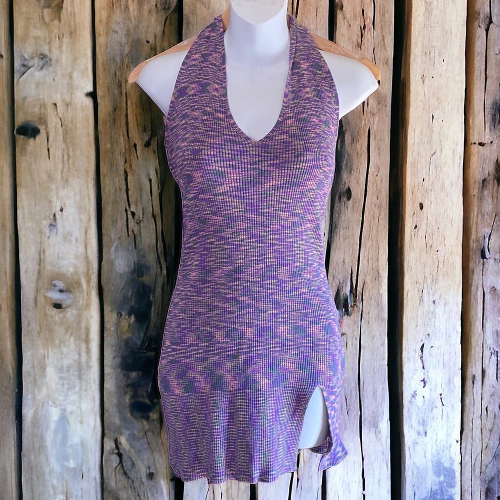 Brooklyn Karma purple green tan ribbed halter tunic top S